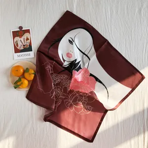 Women's artistic abstract face print square silk scarf, elegant dark brown fashion neckerchief.