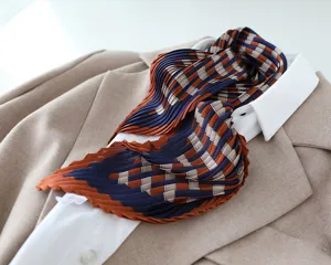 Women pleated satin silk scarf retro checkered design elegant neckerchief spring autumn