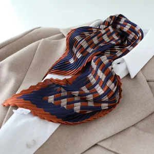 Elegant pleated faux silk scarf with stylish geometric plaid pattern for women spring.