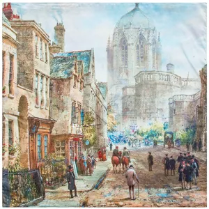 Vista dettagliata di foulard in seta con stampa dipinto ad olio e classica via europea.