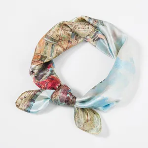 Squisita sciarpa di seta con stampa dipinto ad olio, elegante foulard da donna dettaglio.