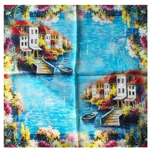 Elegante foulard in seta con stampa di pittura a olio da donna, sciarpa paesaggio artistico.