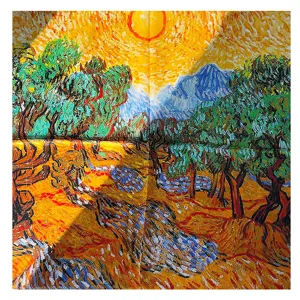 Primo piano dettaglio di foulard in seta con stampa artistica paesaggio dipinto olio.