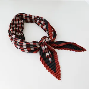 Women pleated square scarf stylish red black plaid neckerchief soft satin head wrap