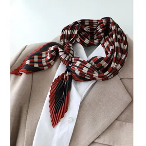 Pleated satin small square scarf for women, trendy Korean style geometric plaid design, neck detail.