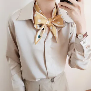 Chic pañuelo de seda amarillo con lunares, cinta de cuello de doble cara para mujer primavera otoño.