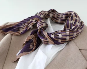 Pleated silk scarf for women, elegant purple plaid small square scarf detail view.