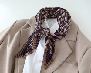 Korean pleated imitation silk scarf featuring elegant purple and khaki geometric plaid patterns.