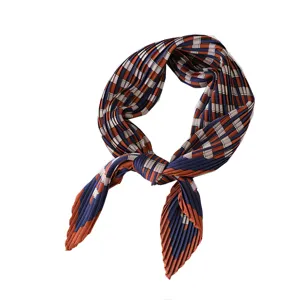 Pleated square silk scarf for women, elegant satin neckerchief with geometric plaid design.