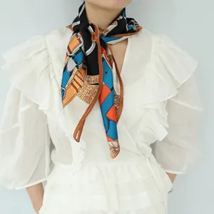 Fashion 100% Silk Square Scarf for Women Retro Belt Harness Print Neck Scarf Luxury Elegant Mulberry Silk Bandana Daily Decor