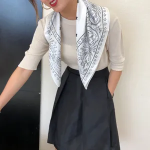 White silk square scarf with star sun pattern for women stylish elegant neckerchief