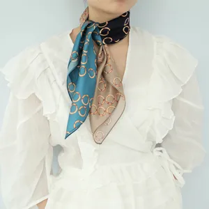 Silk scarf for women, elegant chained ring print neckerchief, stylish autumn accessory.