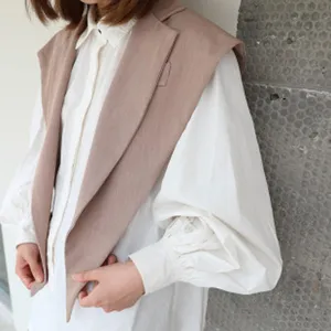 Stylish women's sleeveless vest and white blouse outfit, casual and elegant daily wear.