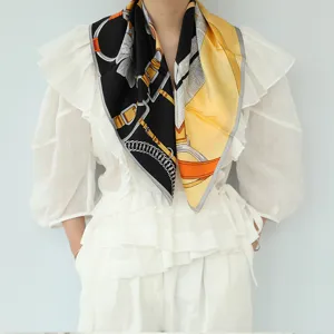 Luxury silk square scarf with chic belt chain print stylish women neck accessory