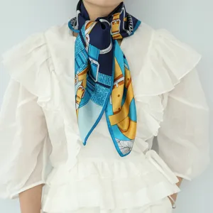 Luxury silk square scarf featuring elegant blue and yellow belt buckle print for women.