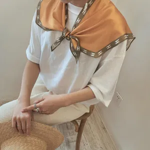 French style silk scarf for women, elegant yellow and brown H-letter pattern neck wrap.