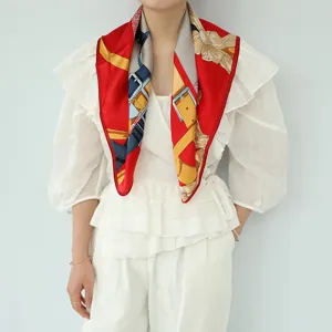 Silk scarf square women fashion belt print elegant red grey neckerchief stylish luxury style