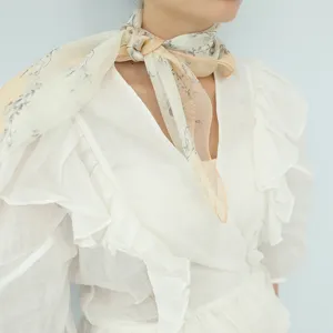 Sciarpa quadrata seta chiffon floreale dettaglio collo, estate donna leggero foulard chic