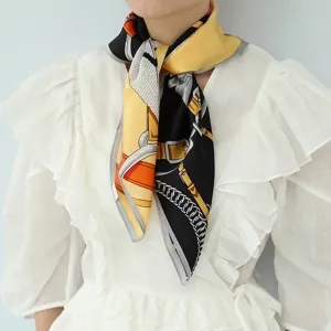 Silk square scarf for women, elegant belt and chain print luxury neckerchief for daily wear.