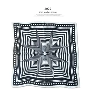 Black and white geometric square silk scarf, 53cm fashionable luxury print design.