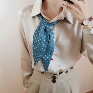 Détail de foulard en soie bleu à pois chic, cravate étroite élégante pour chemises de femmes.