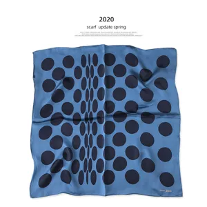 French retro silk scarf for women, elegant blue polka dot autumn winter neckerchief accessory.