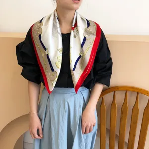 French style carriage print silk scarf retro red and white square scarf for women's daily wear