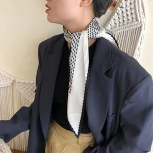 Chic black and white patterned silk scarf for women, elegant neck scarf and hair band.