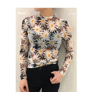 Mujer casual floral malla manga larga top transparente estampado margarita verano moda