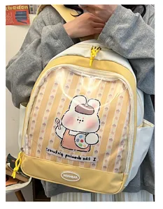 Zaino ita giapponese carino con tasca anteriore in PVC trasparente, borsa scolastica giallo e bianco.