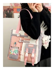 Grand sac cabas en toile pour étudiant, sac bandoulière mignon à poches multiples pour usage quotidien.