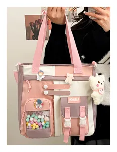 Joli sac cabas en toile multi-poches pour étudiants, grand sac bandoulière rose pale.