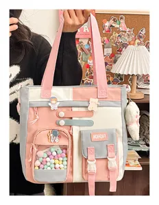 Sac cabas toile etudiant grande capacite bandouiliere rose esthetique sac livres avec charms