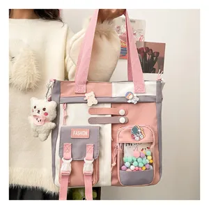 Joli sac cabas en toile pour étudiant grande capacité sac bandoulière rose avec poches
