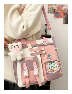 Joli sac cabas en toile de grande capacité, design rose et blanc, idéal pour étudiants.