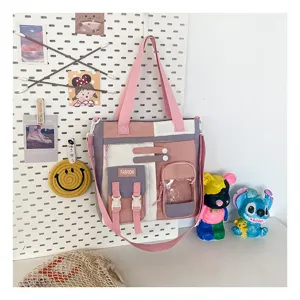 Grand sac cabas de etudiant en toile mignon sac bandouliere multipoche pour fille ecole quotidien.