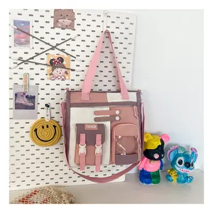 Sac cabas bandoulière en toile pour étudiant avec plusieurs poches et design rose mignon.