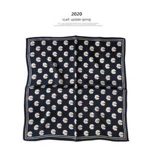 Black and white daisy print square silk scarf for women, elegant floral neckerchief.
