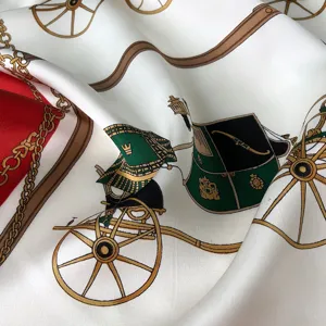 Exquisite detail of a luxury silk scarf featuring classic carriage and belt print. Elegant drape.