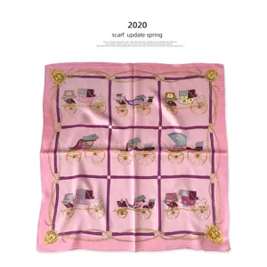 Luxurious mulberry silk square scarf featuring elegant carriage and chain print for women.