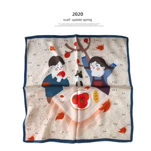 Koreanischer Seidenschal für Damen mit süßem Cartoon-Herbst-Charakter-Druck Halstuch