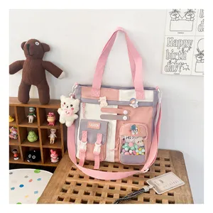 Joli sac cabas en toile colorblock sac à bandoulière multi-poches pour élèves et filles
