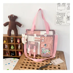 Sac cabas en toile grande capacite sac bandouliere mignon multi-poches etudiant decontracte