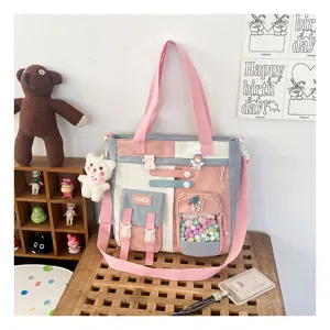 Sac cabas en toile mignon pour étudiants, grand sac bandoulière rose multi-poches.