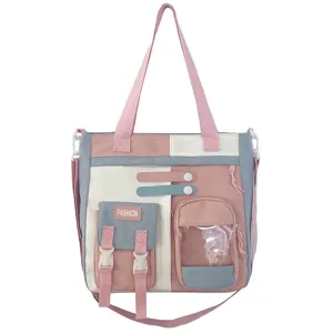 Sac cabas toile etudiant multi-poche sac bandouliere rose mignon livre sac a main detail