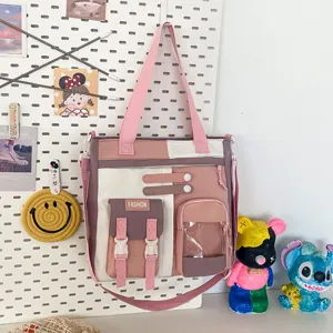 Sac cabas en toile pour étudiant, sac bandoulière multipoche de grande capacité avec fenêtre.