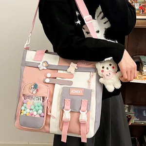 Sac bandoulière en toile pour étudiants, grand sac cabas fourre-tout multi-poches pour femmes.