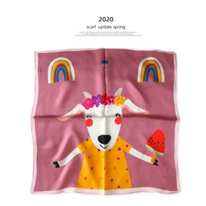 Seidenquadratschal für Damen mit niedlichem Cartoon-Tier-, Regenbogen- und Wassermelonen-Druck, Frühling.
