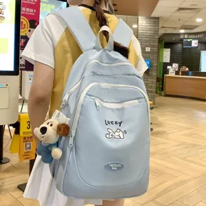 Japanese Preppy Style Girl School Backpack Cute Embroidery Nylon Student Bag With Plush Dog Pendant For Daily High School