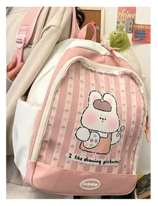 Zaino ita rosa e bianco carino con tasca in PVC trasparente e design da coniglietto.